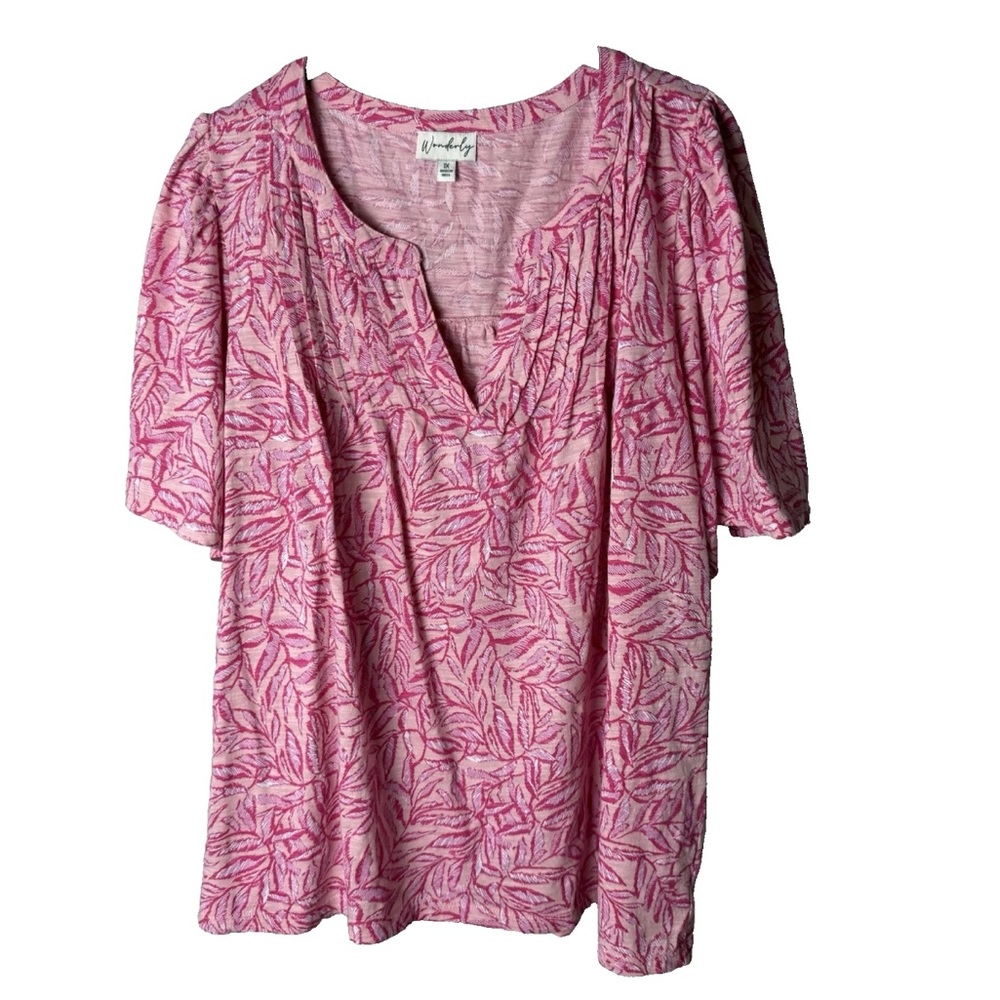 Wonderly Blouse Plus Size 1X Top Short Sleeves Leafy Tropical Print Pink White